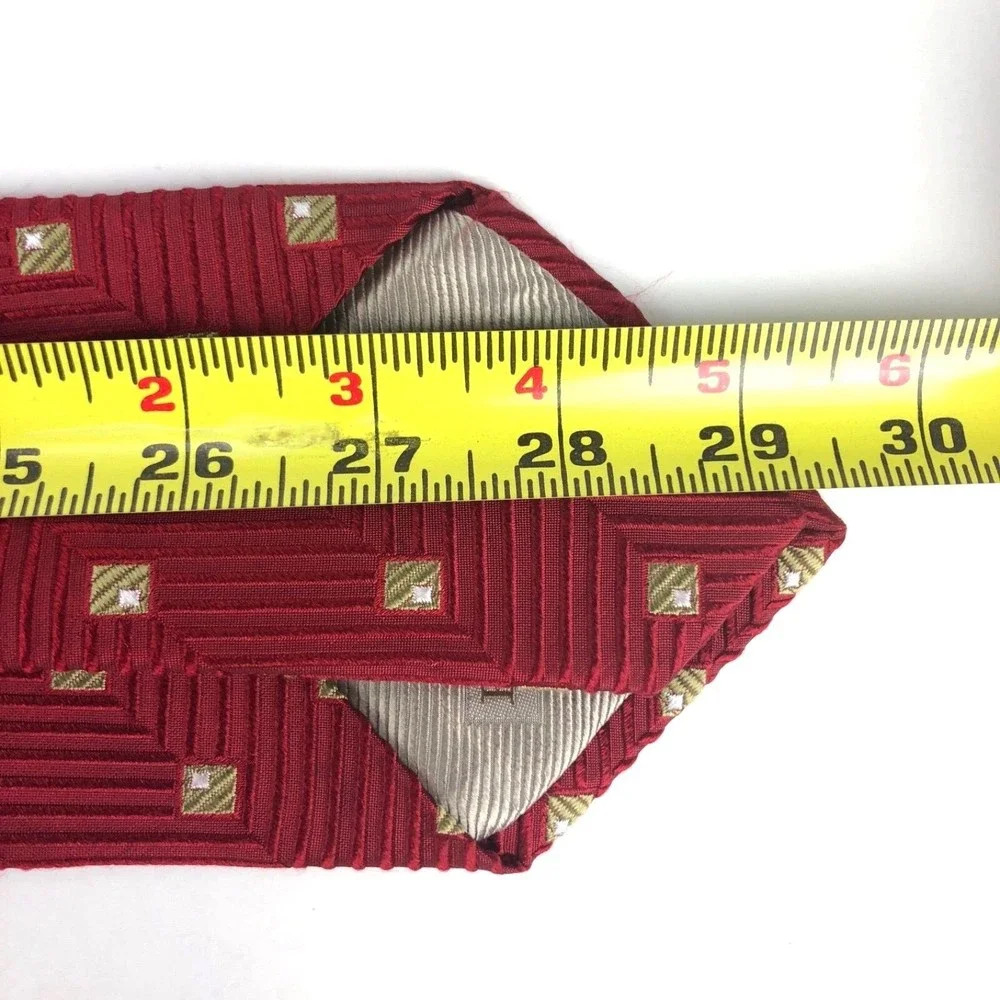 ERMENEGILDO ZEGNA Italy Red 100% Silk Geometric Tie w/ Beige Squares Design 59